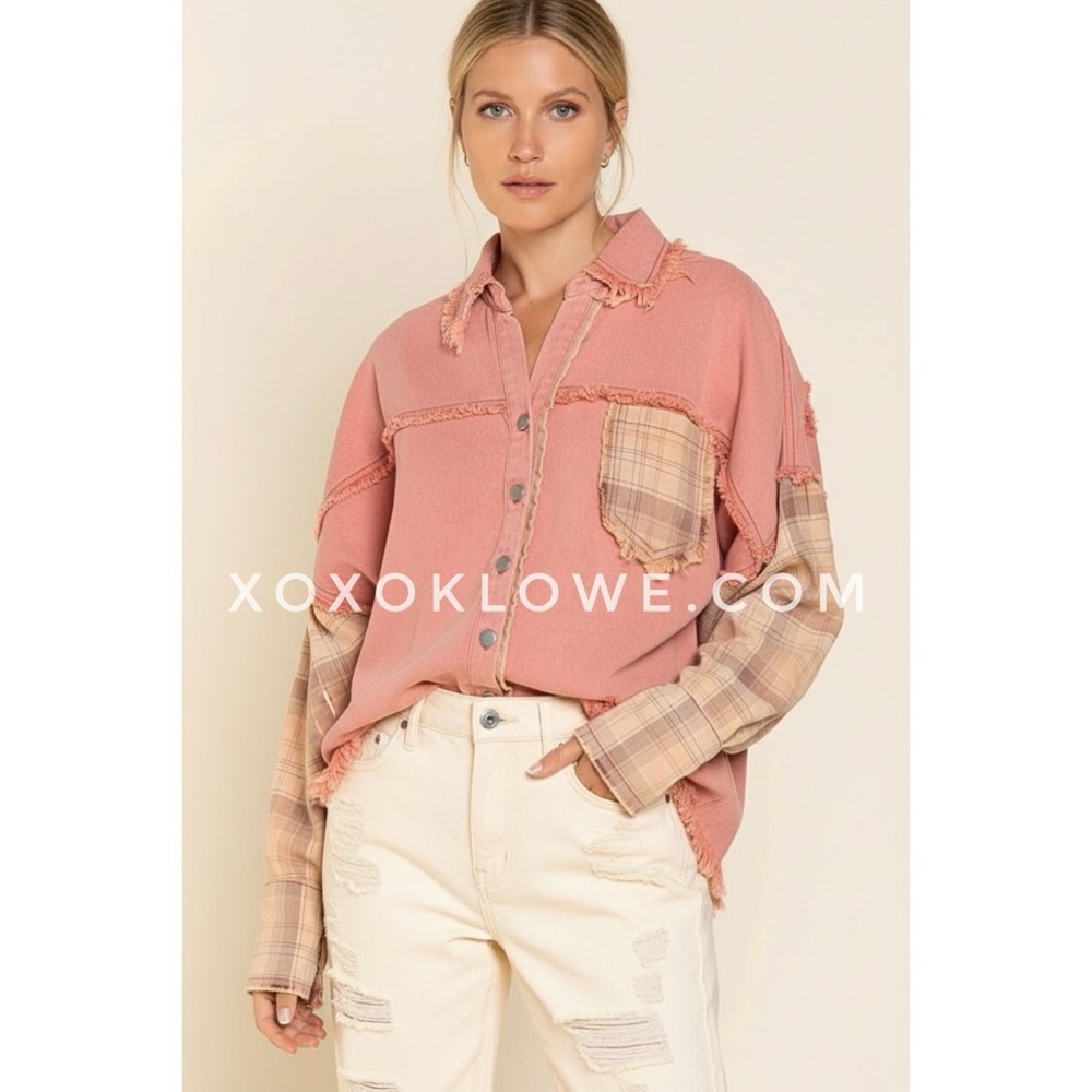 POL Brick Denim & Plaid Button Down Shirt | Distressed Grunge Shacket